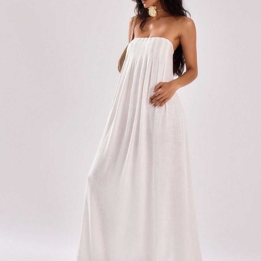 White Casual Women's Bandeau Loose Fit Pleated Maxi Dress Vacation - Picture 4 of 5